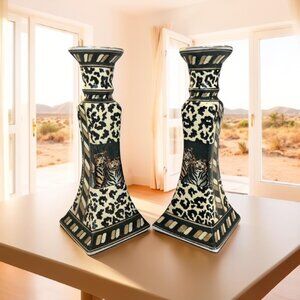 Two Vintage 90's Ceramic Candlestick Holders Jaguar Tiger Motif - African Safari